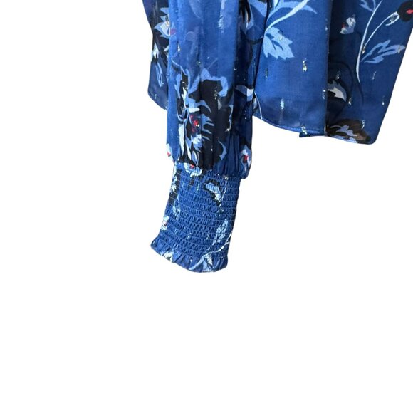 White House Black Market Blue Floral Blouse | Size 14 | Ruffle Neck | 26" Length - Picture 7 of 9